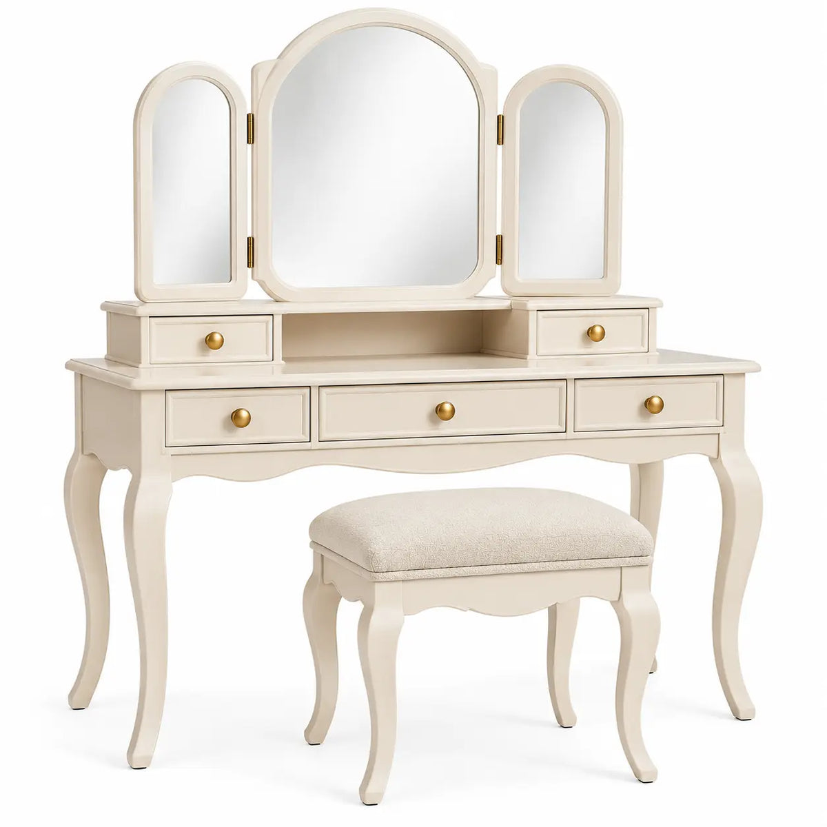 Tocador con espejo de tres secciones, blanco y beige