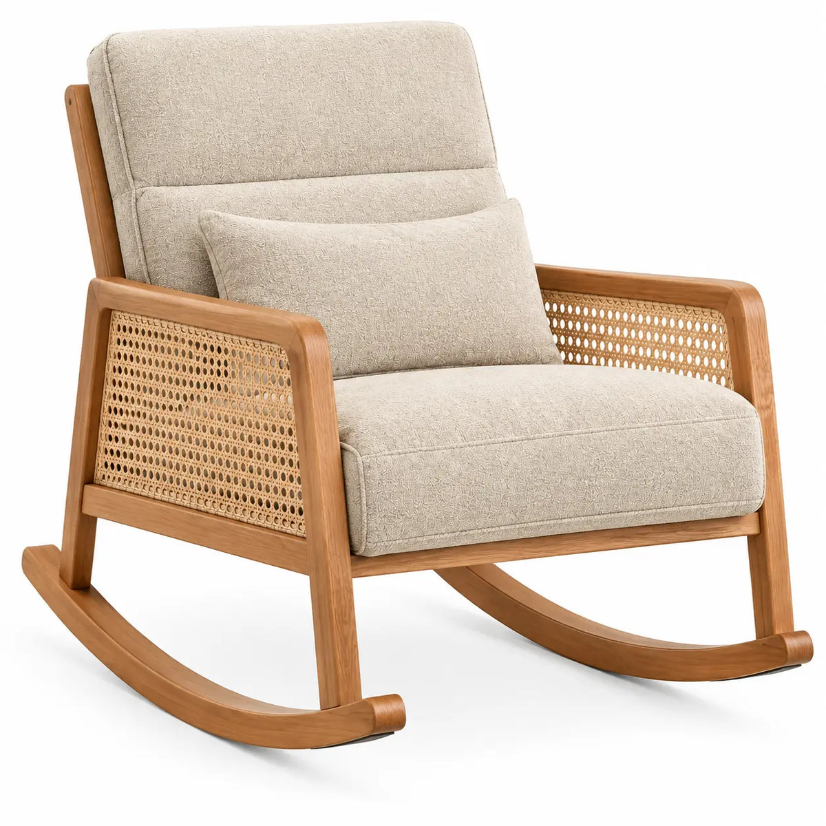 Mecedora tapizada con detalles de entramado, beige y marrón