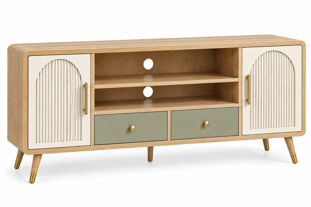 Mueble bajo para televisión con detalles de líneas verticales y estantes, marrón, blanco y verde