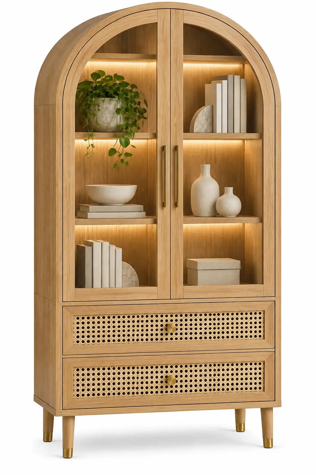 Vitrina de almacenamiento con formas arqueadas y detalles de entramado, marrón