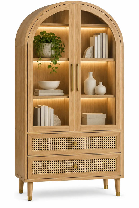 Vitrina de almacenamiento con formas arqueadas y detalles de entramado, marrón