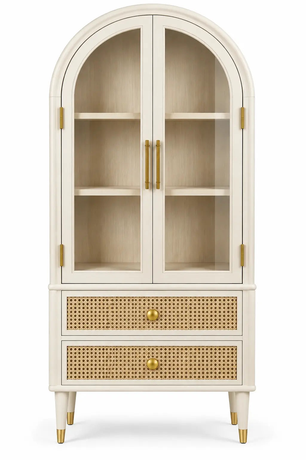 Vitrina de almacenamiento con formas arqueadas y detalles de entramado, blanco y marrón