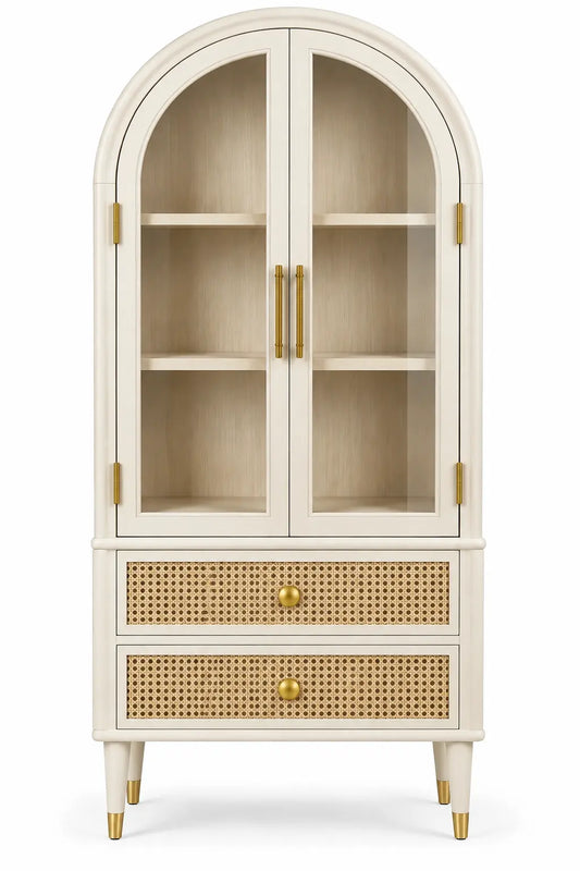 Vitrina de almacenamiento con formas arqueadas y detalles de entramado, blanco y marrón