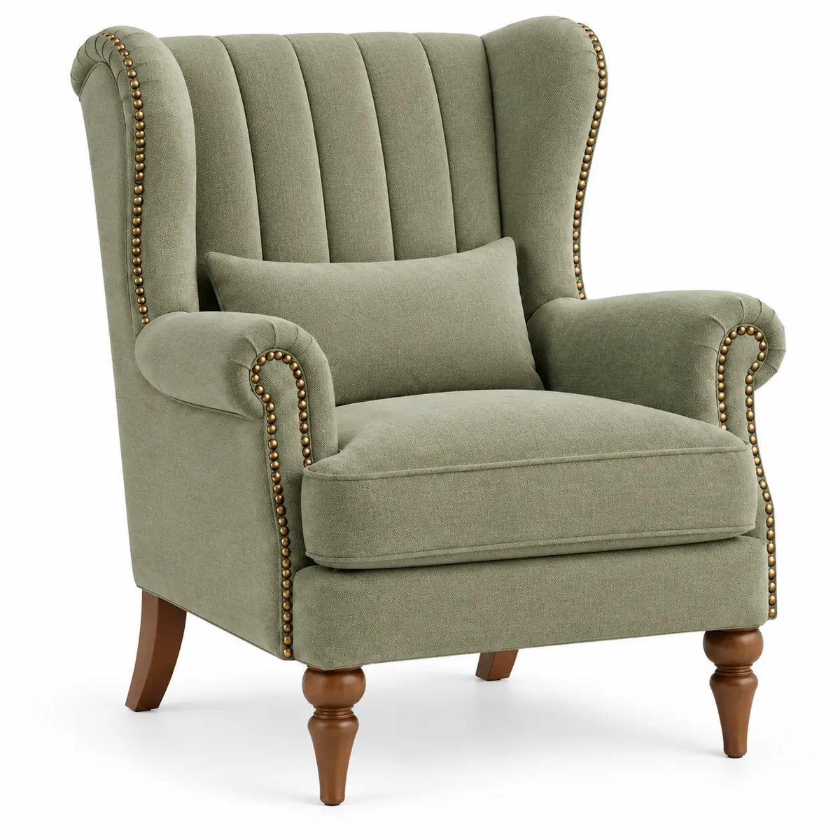 Sillón tapizado con acolchado acanalado y respaldo alto, verde y marrón