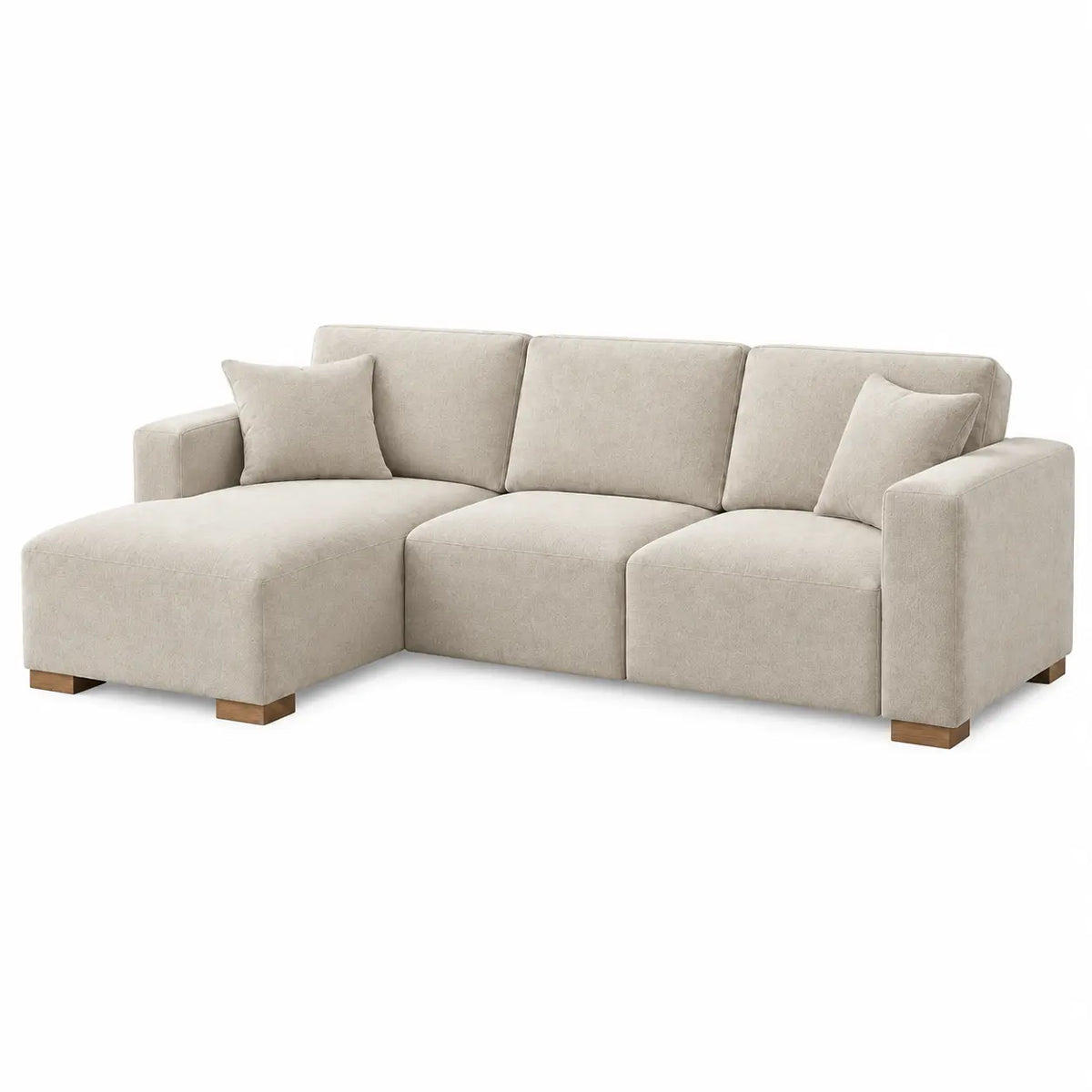Sofá esquinero tapizado con patas elevadas, beige