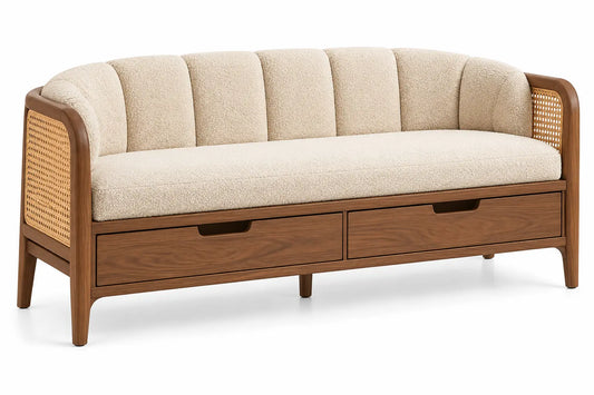 Banco con asiento acolchado con detalles de entramado y cajones, marrón y beige
