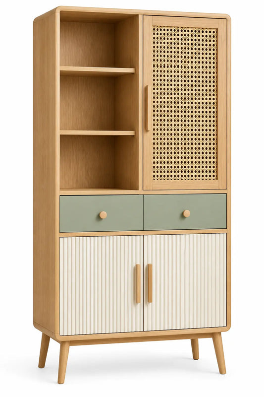 Estantería con almacenamiento con detalles de entramado, blanco, marrón y verde